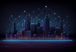 slim stad en abstract lijn en punt aansluiten met helling lijn ontwerp , groot gegevens verbinding technologie concept. 3d geven . genereren ai foto