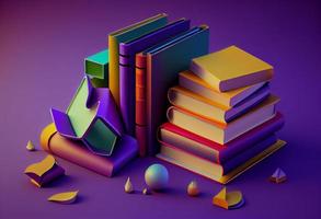 3d geven van kleurrijk boeken verzameling Aan Purper achtergrond. genereren ai foto