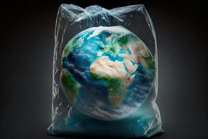 planeet aarde in een plastic tas. milieu concept. genereren ai foto