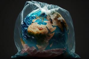 planeet aarde in een plastic tas. milieu concept. genereren ai foto