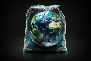 planeet aarde in een plastic tas. milieu concept. genereren ai foto