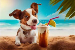 schattig hond, genieten van Aan de strand met een kokosnoot drankje. genereren ai foto
