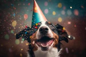 schattig hond met een partij hoed vieren haar verjaardag, confetti vallen. genereren ai foto