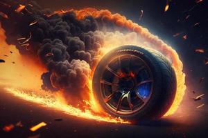 3d renderen , sport auto racen Aan ras bijhouden met brand brandend , auto wiel drijven.genereren ai foto