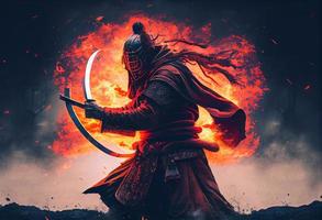 een samurai in een demonische rood masker Aan de slagveld. genereren ai. foto