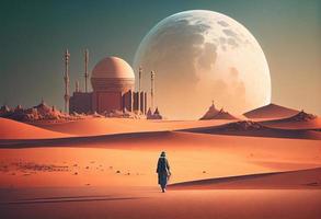 een Mens wandelen naar een groot maan in een woestijn met een groot moskee in de achtergrond . genereren ai. foto