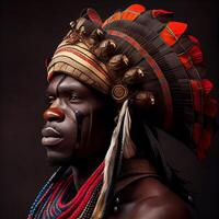 portret realistisch grafiek van een Afrikaanse Mens met sterk gelaats Kenmerken in nationaal kleren - ai gegenereerd beeld foto