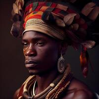 portret realistisch grafiek van een Afrikaanse Mens met sterk gelaats Kenmerken in nationaal kleren - ai gegenereerd beeld foto