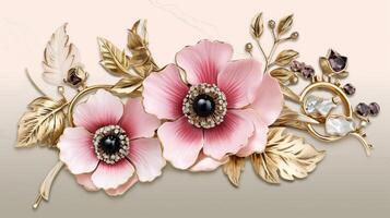 generatief ai, mooi licht roze bloemen broche, opaal steen en gouden kleur palet geïsoleerd Aan wit achtergrond. bijouterie, sieraden dichtbij omhoog foto