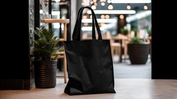 generatief ai, realistisch zwart tote canvas kleding stof zak opstelling in Bij huis interieur, mok bespotten omhoog blanco. foto