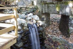 waterval in de herfst Woud met gedaald bladeren Aan de rotsen. klein waterval in de Woud. berg landschap. foto