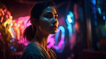 portret van mensen Aan neon achtergrond. ai gegenereerd. foto