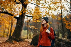 gelukkig vrouw met rugzak wandelen in park in natuur in herfst bijgesneden visie foto