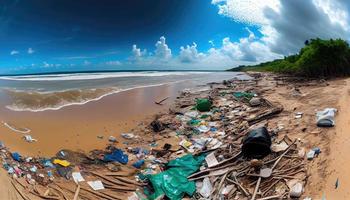 een strand vol van vuilnis en plastic afval. genereren ai. foto