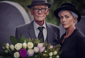 senior Mens staand met aantrekkelijk vrouw Holding bloemen Aan begrafenis. genereren ai. foto