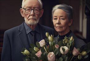 senior Mens staand met aantrekkelijk vrouw Holding bloemen Aan begrafenis. genereren ai. foto