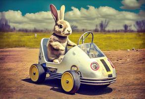 Pasen excursie Pasen konijn in een pedaal auto. genereren ai. foto