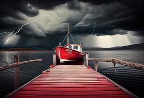 rood houten boot Aan de meer in de buurt de houten pier voordat de storm. onweerswolken in de lucht. genereren ai. foto