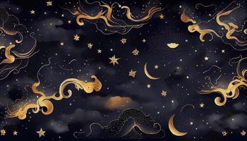 naadloos patroon van de nacht lucht met goud folie sterrenbeelden sterren en wolken waterverf. genereren ai. foto