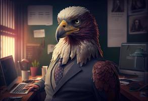 portret van een antropomorf adelaar net zo een ontwikkelaar in de kantoor. genereren ai. foto