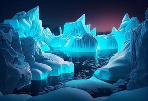 winter landschap met gletsjers. neon licht. blokken van ijs Aan de water in antarctica.. genereren ai. foto