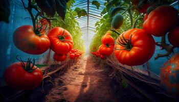 rijp sappig rood tomaten in de kas . genereren ai. foto