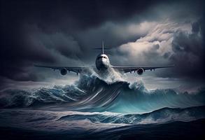 passagier vlak vliegt in een storm over- de oceaan. genereren ai. foto