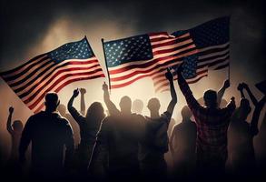 groep van mensen golvend Amerikaans vlaggen in terug verlicht. genereren ai. foto