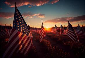 veld- van Amerikaans vlaggen Bij zonsondergang . genereren ai. foto