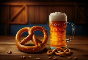 bier en zoute krakeling Aan houten achtergrond, oktoberfeest. genereren ai. foto
