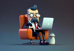 tekenfilm karakter zakenman zittend in een stoel met laptop. 3d illustratie. genereren ai. foto