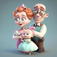 tekenfilm 3d familie paar met baby meisje. generatief ai foto
