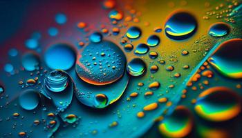 abstract helder kleurrijk achtergrond met druppels van olie en water in blauw en turkoois tonen, macro. . genereren ai. foto