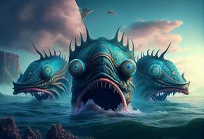 drie hoofd zee monster fantasie 3d illustratie digitaal kunst landschap behang. genereren ai. foto