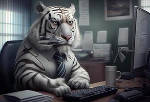 portret van een antropomorf wit tijger net zo een ontwikkelaar in de kantoor. genereren ai. foto