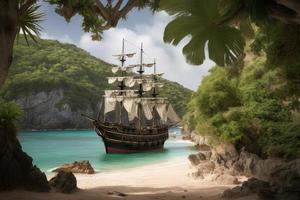 piraat schip Aan tropisch strand. genereren ai foto