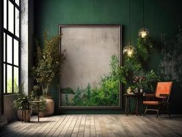 een groen muur met bloemen en planten achter een blanco kader, in de stijl van poster, interieur scènes, fotobashing, milieuvriendelijk geïnspireerd, hinchel of, industrieel geïnspireerd, illustratie generatief ai foto