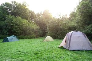 geïnstalleerd toerist tent in een camping in natuur in de Woud. huiselijk toerisme, actief zomer vakantie, familie avonturen. ecotoerisme, sport, wandeltocht. bespotten omhoog foto