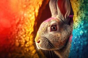 Pasen konijn en kleurrijk Pasen eieren achtergrond. digitaal schilderen. generatief ai foto