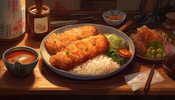 Japans gerecht, gebakken vis vingers, rijst- en groenten, genoten Bij een restaurant generatief ai foto