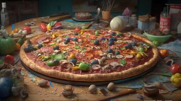 sappig paddestoel, olijf, en tomaat pizza weergegeven Aan rustiek houten tafel, perfect Italiaans maaltijd generatief ai foto