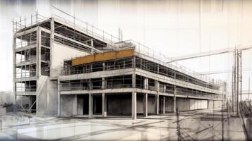 industrieel gebouw bouw, tekening schetsen overlay, steigers structuur generatief ai foto