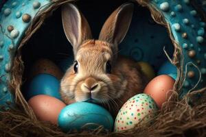 Pasen konijn en kleurrijk Pasen eieren achtergrond. digitaal schilderen. generatief ai foto