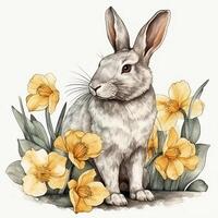 konijn zittend in geel narcis bloemen waterverf illustratie ai gegenereerd foto