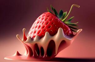 Strawberrie in melk room. kant visie. generatief ai. foto