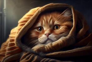 schattig kat verpakt in een deken naar houden warm. ai gegenereerd foto