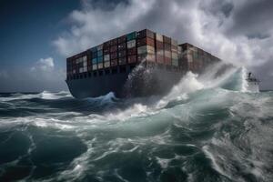 vernield lading schip met containers in stormachtig zee met groot golven. generatief ai foto