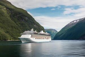 groot reis schip in fjorden. toerisme vakantie en zomer reizend. generatief ai foto