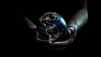 glimmend ronde wereld in menselijk handen Bij nacht tijd. aarde dag. energie besparing concept. generatief ai foto