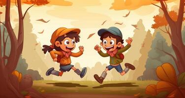 kinderen rennen in de omgeving van in de veld- met de zon achter hen, tekenfilm illustratie met generatief ai foto